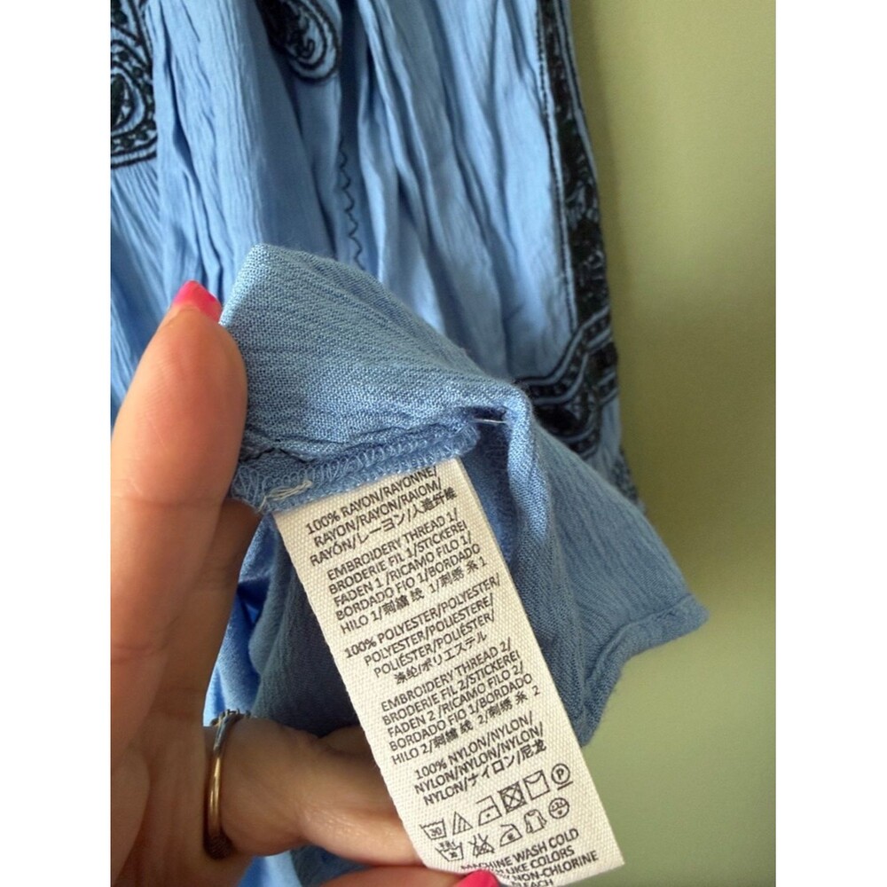 Free People Blue Gauzy Wind Willow Embroidered Boho Long Sleeve Mini Dress Sz L - Picture 5 of 6